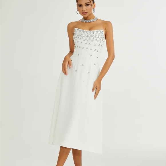 WHITE EMBELLISHED MIDI DRESS - Picture 5 of 10
